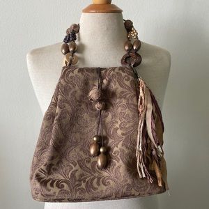 Bohemian Unique Fabric Bag with Beaded Handle and Detachable Tassel